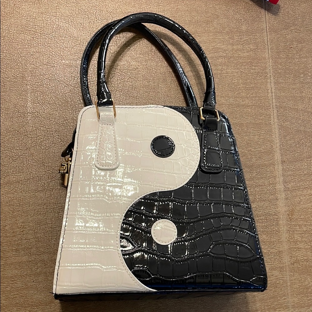 Yin Yang Black and White Croc Embossed Handbag